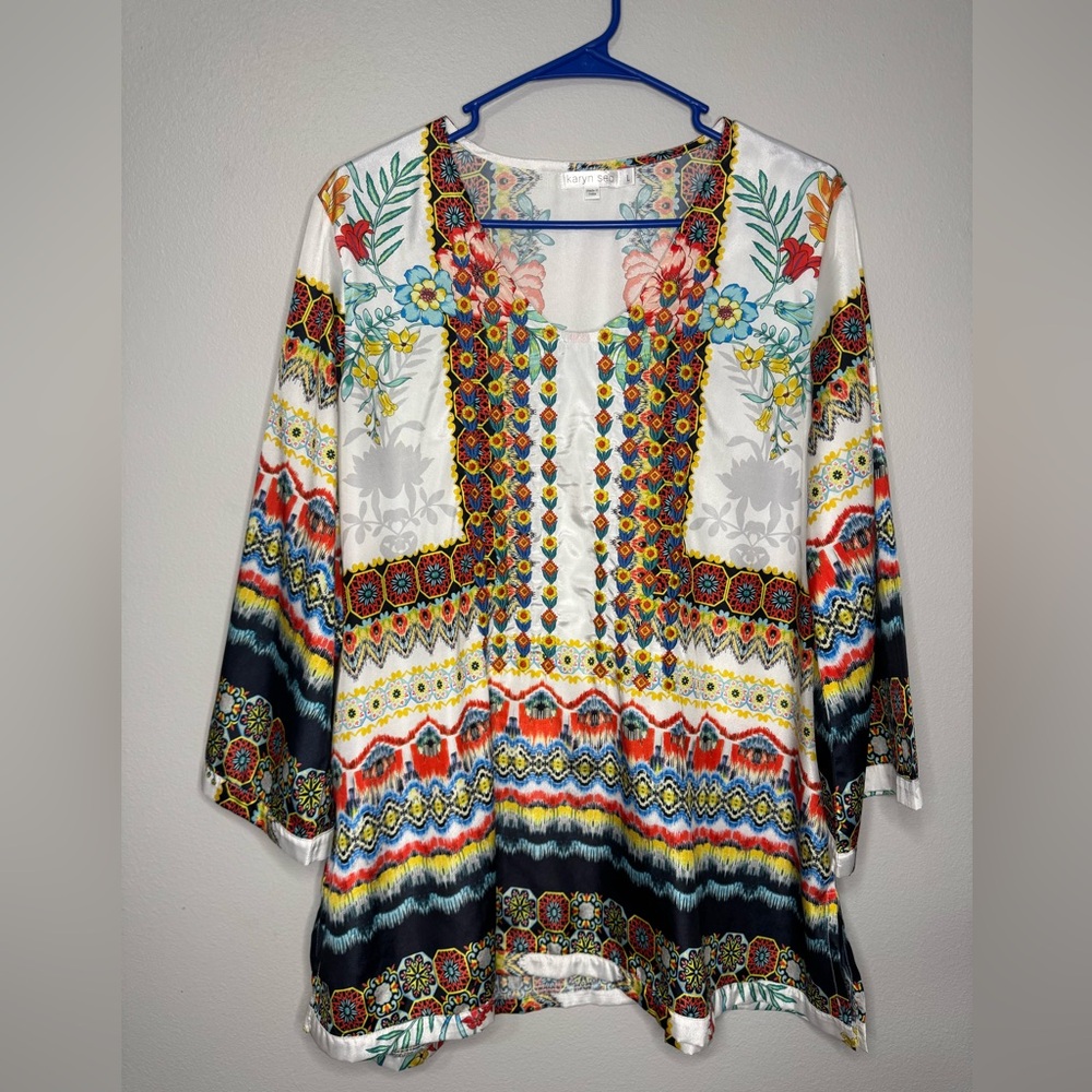 Boho Floral Printed White Multicolor Tunic Top